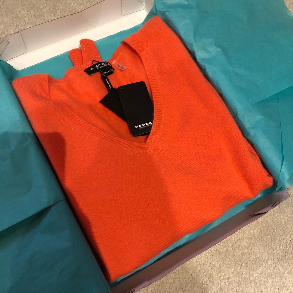 NWT Orange Cashmere V Neck Sweater